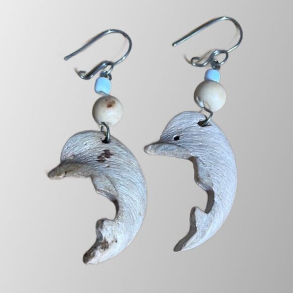 Vintage Brazilian Wooden Dolphin Earrings with Beads (Purchased in Brazil) - Picture 2 of 9